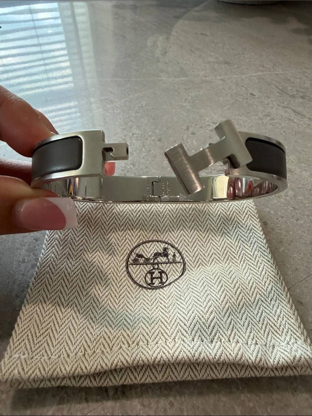 Hermes Men's H Cuff Bracelet in Grey and Silver